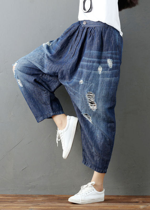 Blue Pockets Elastic Waist Denim Harem Pants