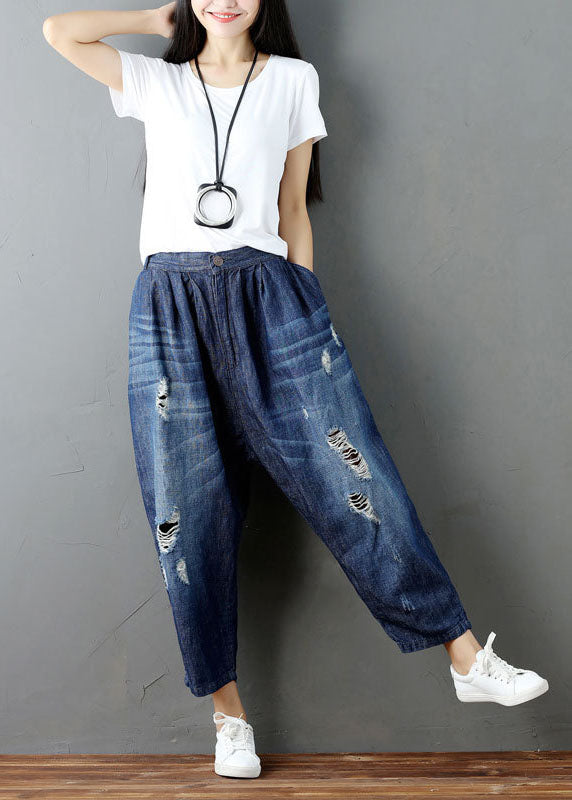 Blue Pockets Elastic Waist Denim Harem Pants