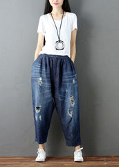 Blue Pockets Elastic Waist Denim Harem Pants