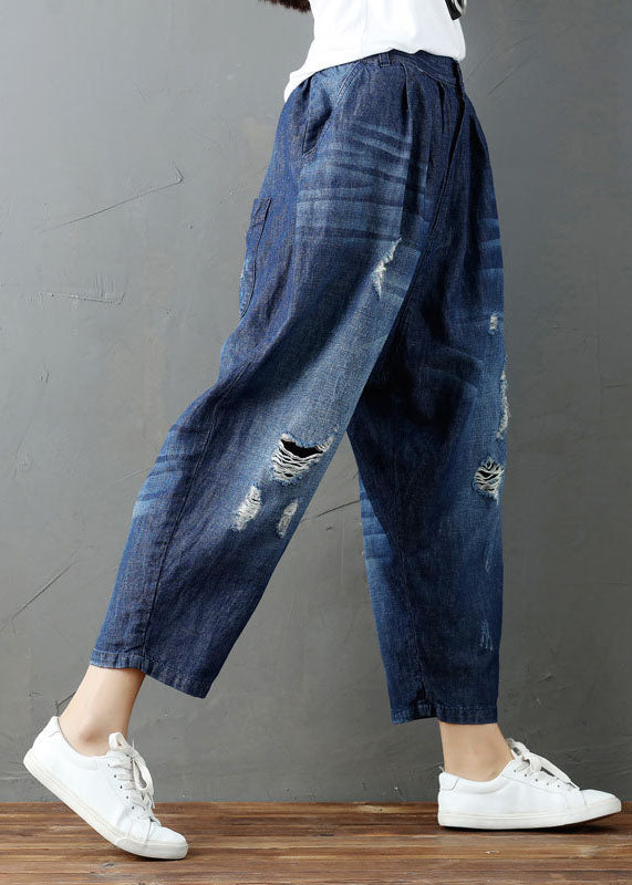 Blue Pockets Elastic Waist Denim Harem Pants