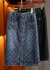 Blue Print Patchwork High Waist Denim A Line Skirt