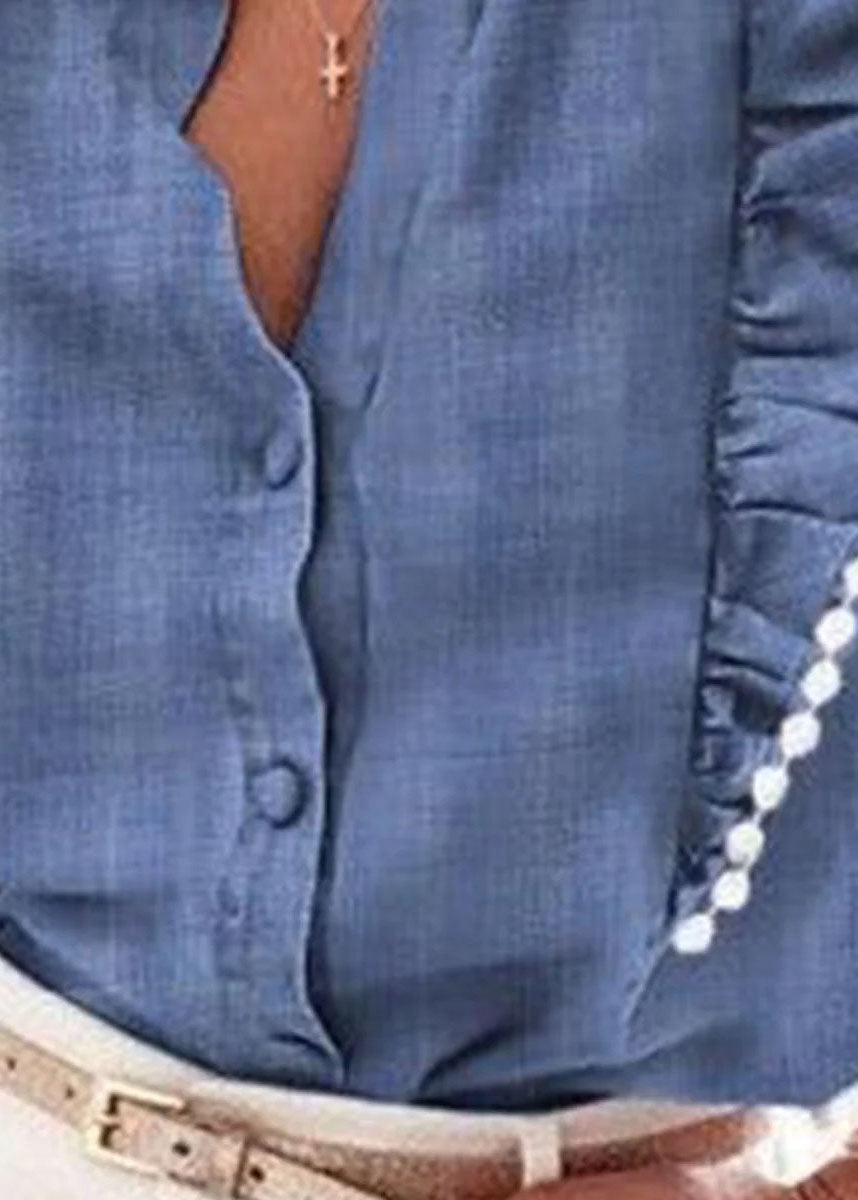 Blue Ruffled Patchwork Denim Top Short Sleeve