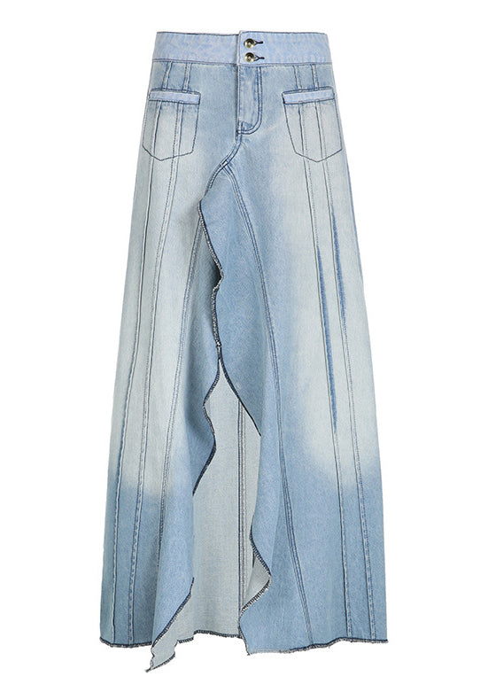 Blue Ruffled Side Open Patchwork Denim Skirts