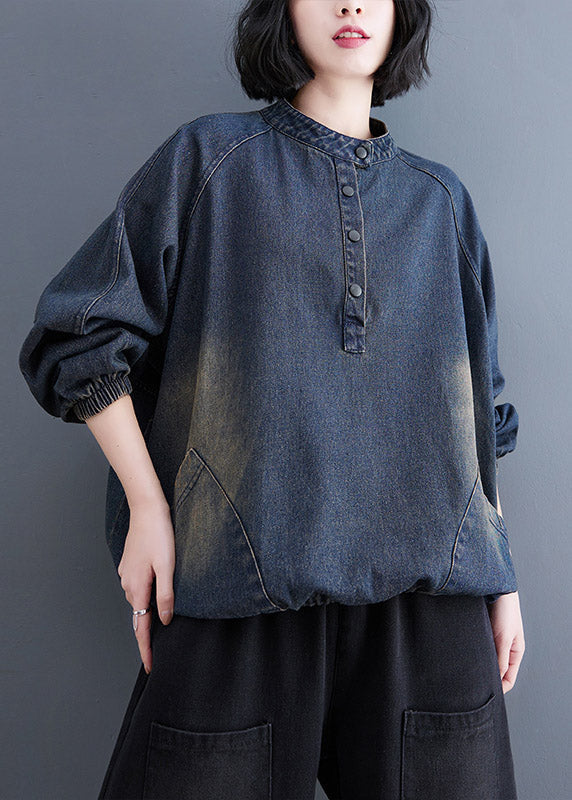 Blue Stand Collar Pockets drawstring Denim Tops