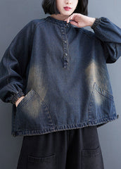 Blue Stand Collar Pockets drawstring Denim Tops