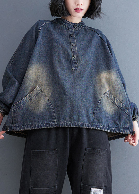 Blue Stand Collar Pockets drawstring Denim Tops