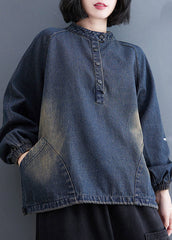 Blue Stand Collar Pockets drawstring Denim Tops