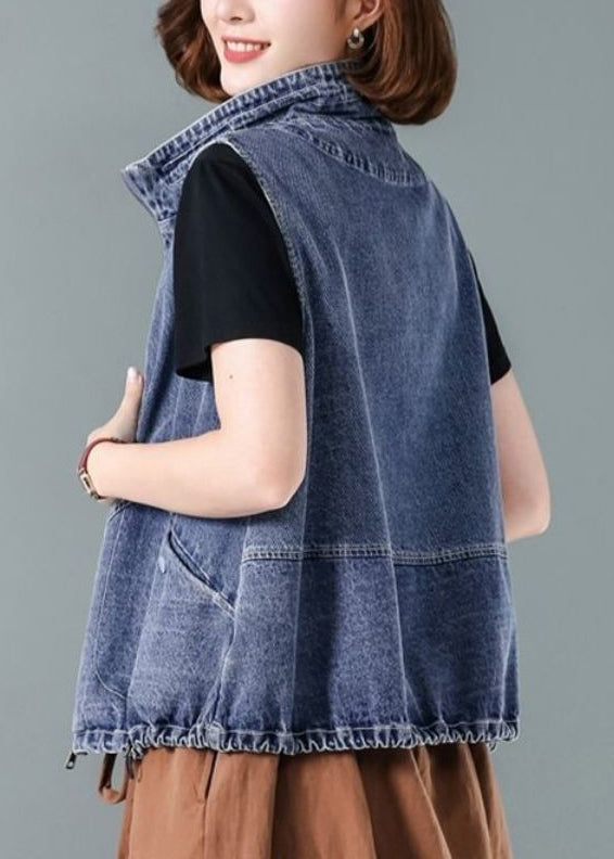 Blue Stand Collar Zippered Patchwork Denim Waistcoat Fall