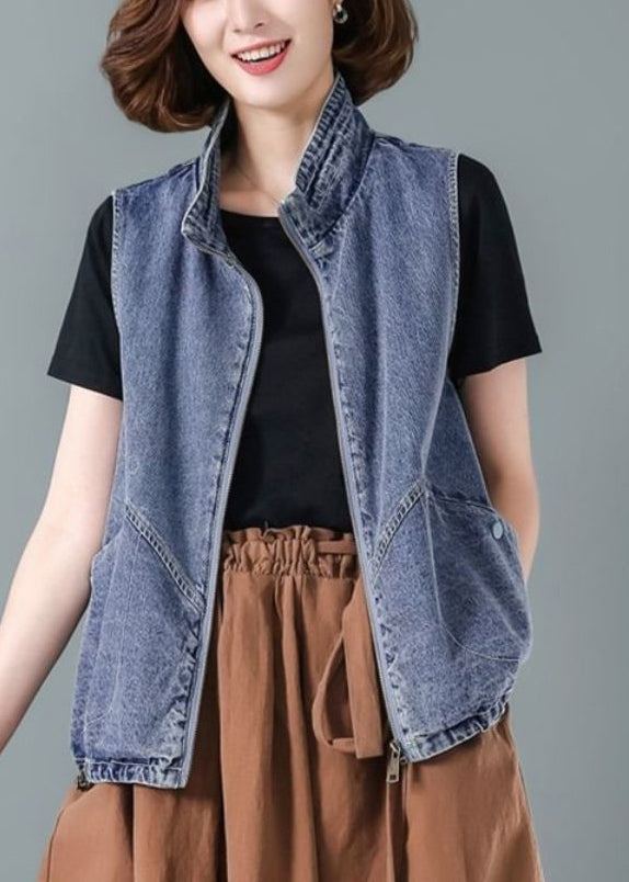 Blue Stand Collar Zippered Patchwork Denim Waistcoat Fall