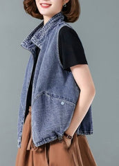 Blue Stand Collar Zippered Patchwork Denim Waistcoat Fall