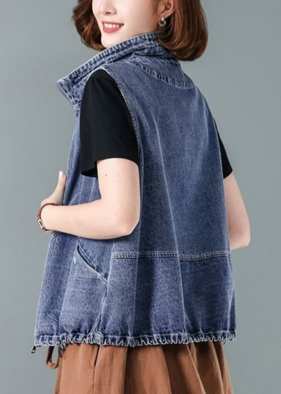 Blue Stand Collar Zippered Patchwork Denim Waistcoat Fall