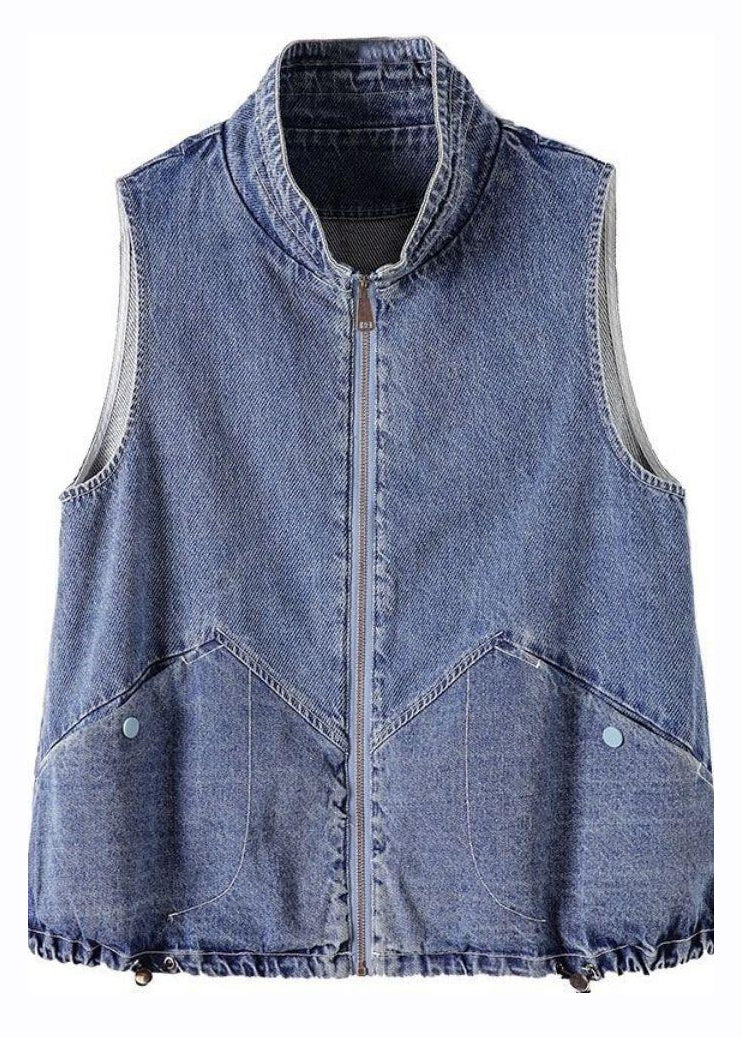 Blue Stand Collar Zippered Patchwork Denim Waistcoat Fall