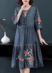 Blue V Neck Embroideried Cotton Holiday Denim Dress Half Sleeve