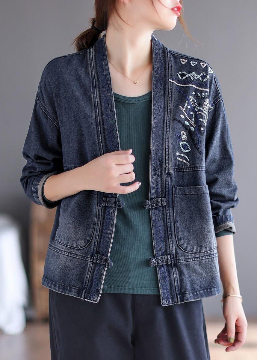 Blue V Neck Embroideried Patchwork Button Pockets Cotton Denim Coat Long Sleeve