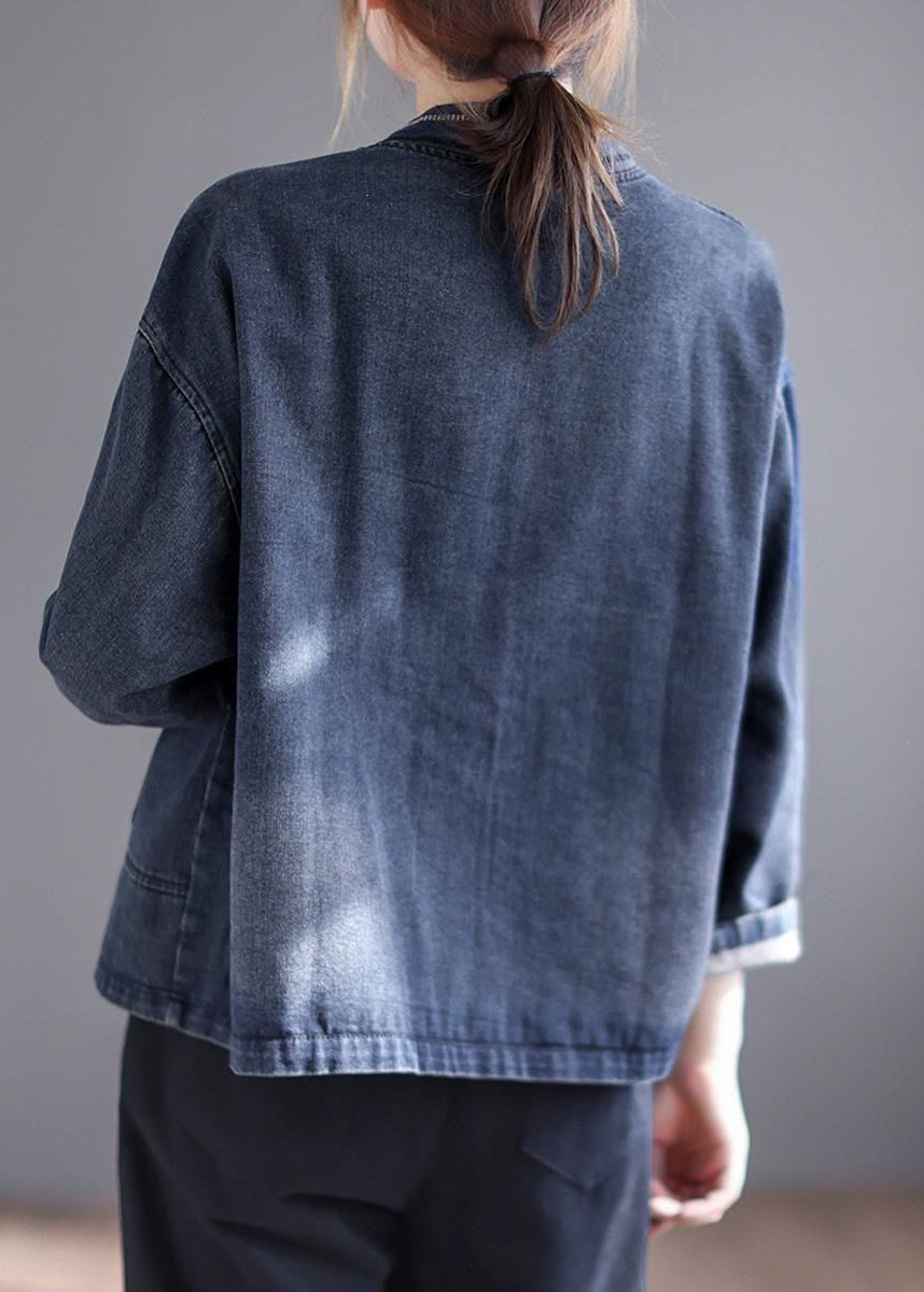 Blue V Neck Embroideried Patchwork Button Pockets Cotton Denim Coat Long Sleeve