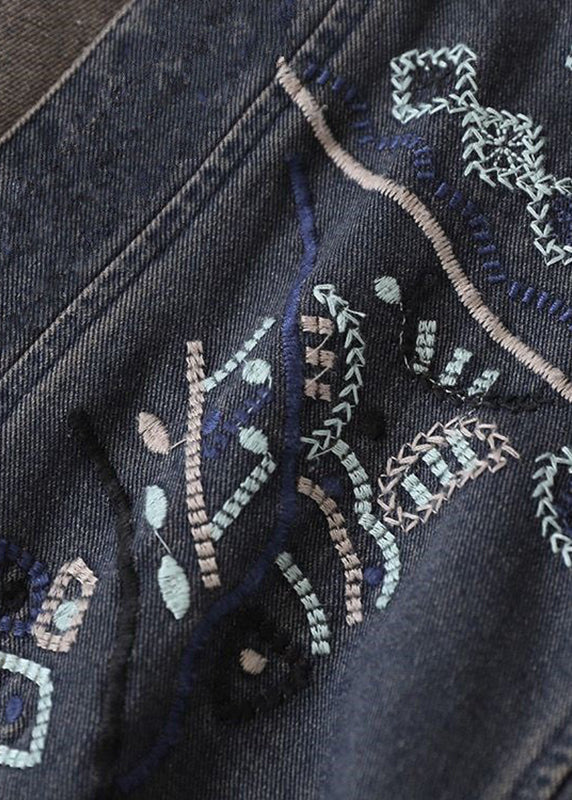 Blue V Neck Embroideried Patchwork Button Pockets Cotton Denim Coat Long Sleeve