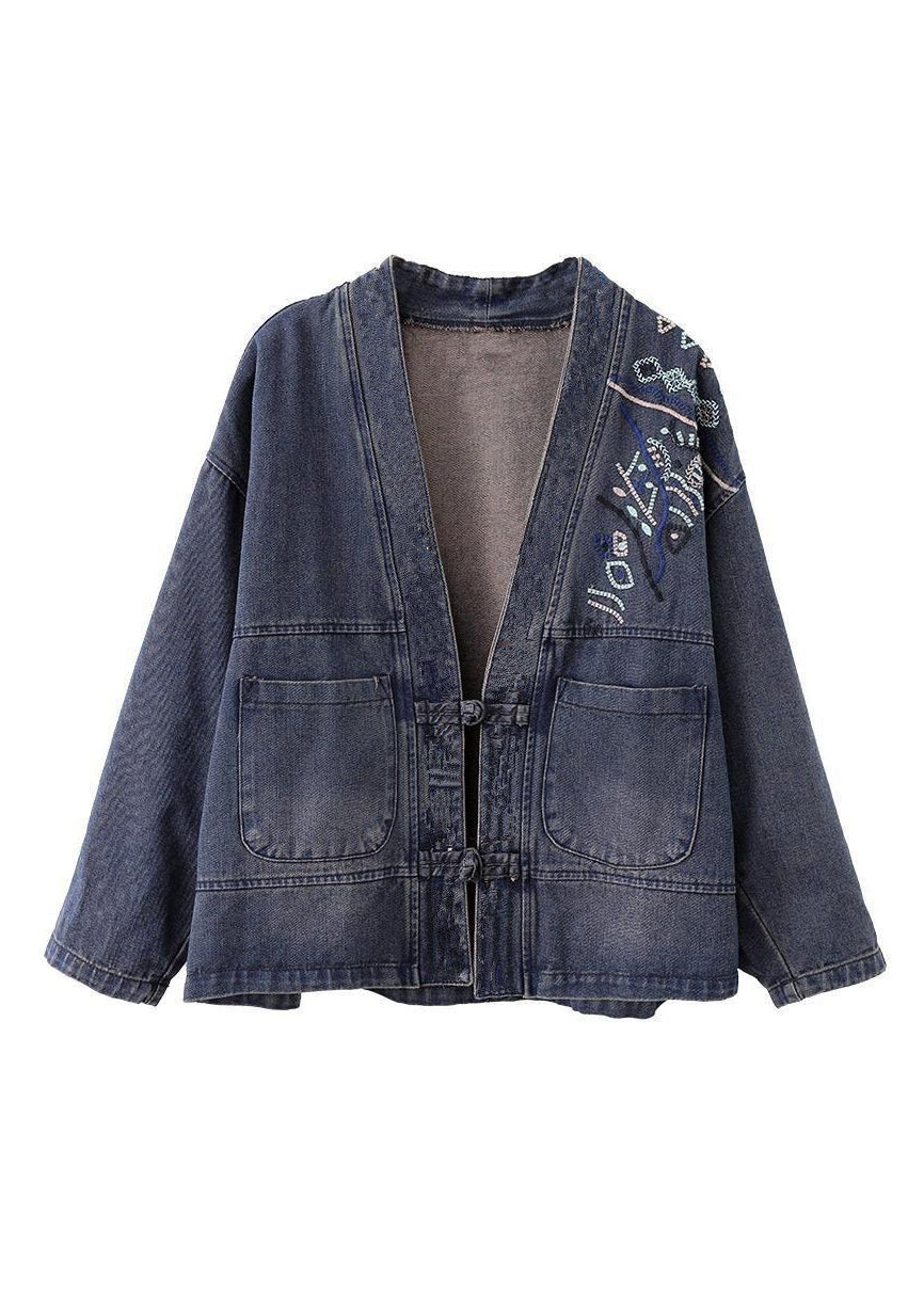 Blue V Neck Embroideried Patchwork Button Pockets Cotton Denim Coat Long Sleeve