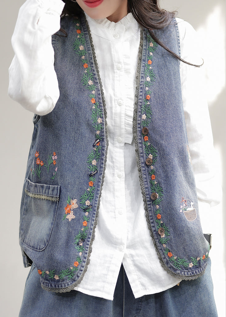 Blue V Neck Embroideried Patchwork Denim Waistcoat Sleeveless