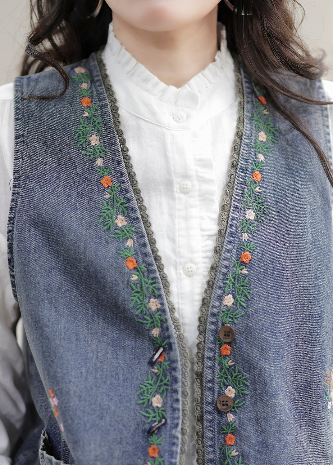 Blue V Neck Embroideried Patchwork Denim Waistcoat Sleeveless