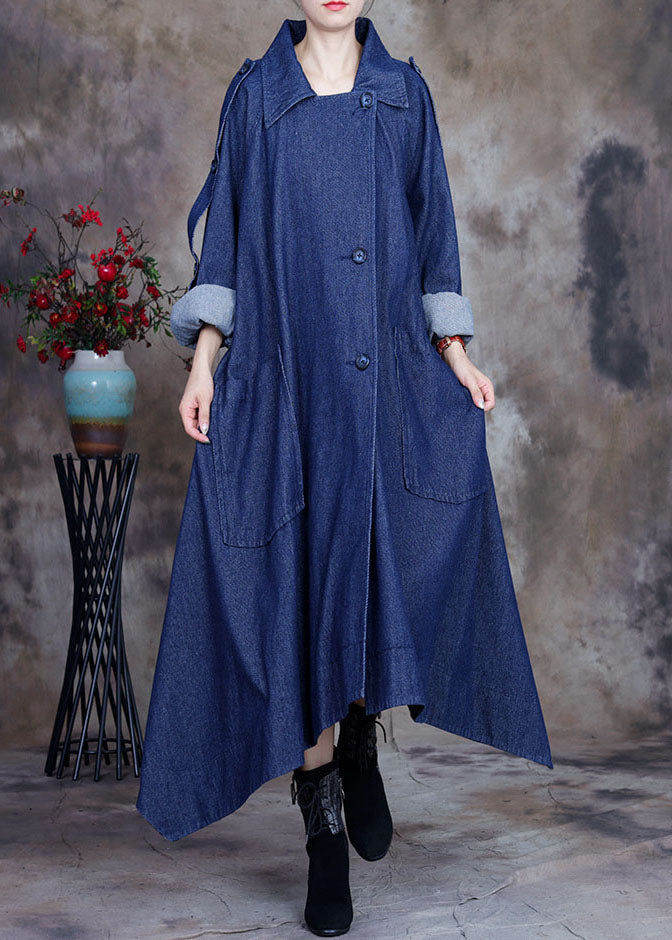 Blue asymmetrical design button Peter Pan Collar Cotton denim trench Coats