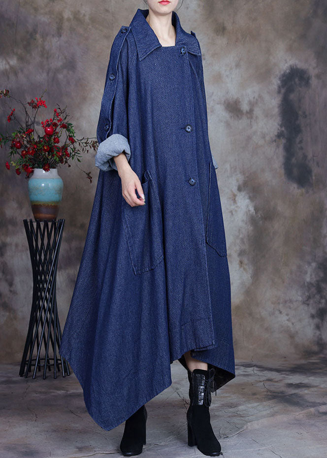 Blue asymmetrical design button Peter Pan Collar Cotton denim trench Coats