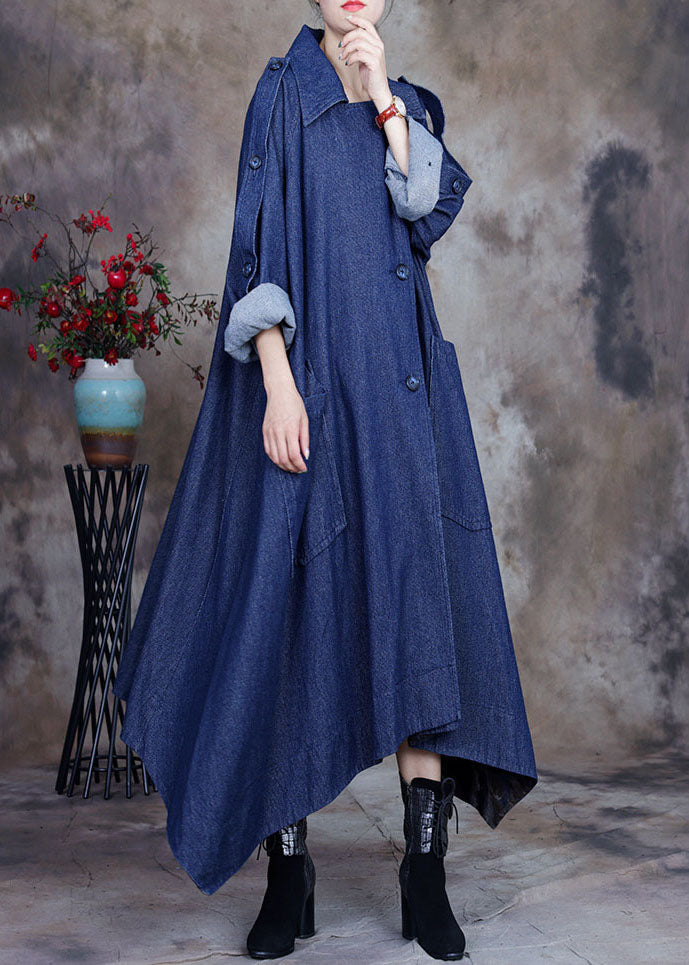 Blue asymmetrical design button Peter Pan Collar Cotton denim trench Coats