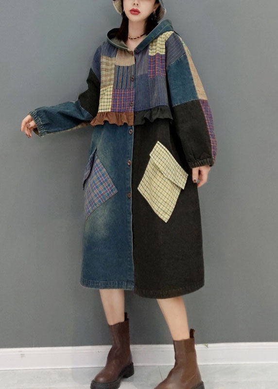 Blue button Hooded Pockets Patchwork denim Coats