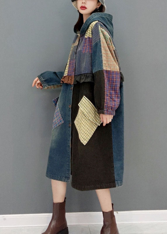 Blue button Hooded Pockets Patchwork denim Coats