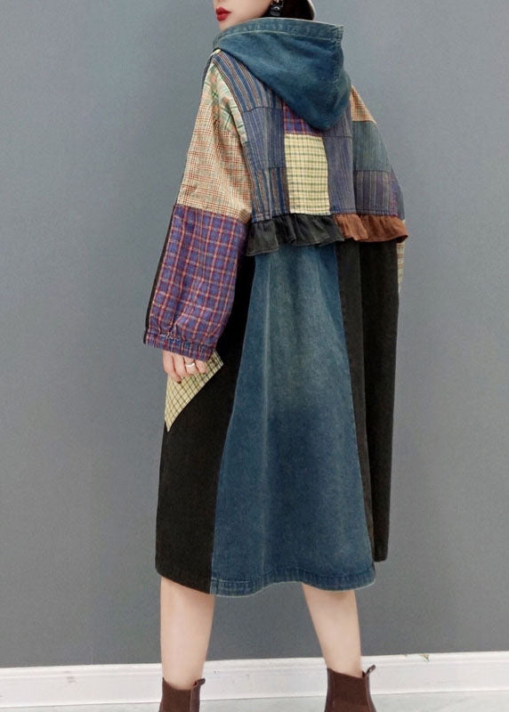 Blue button Hooded Pockets Patchwork denim Coats