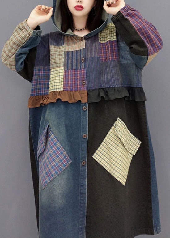 Blue button Hooded Pockets Patchwork denim Coats