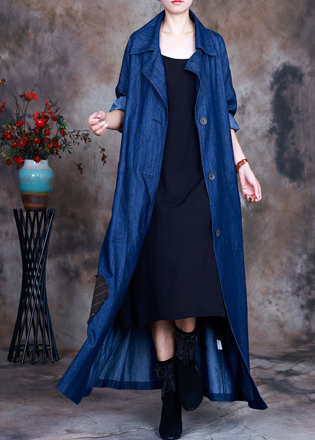 Blue button tie waist Peter Pan Collar Cotton denim trench coats