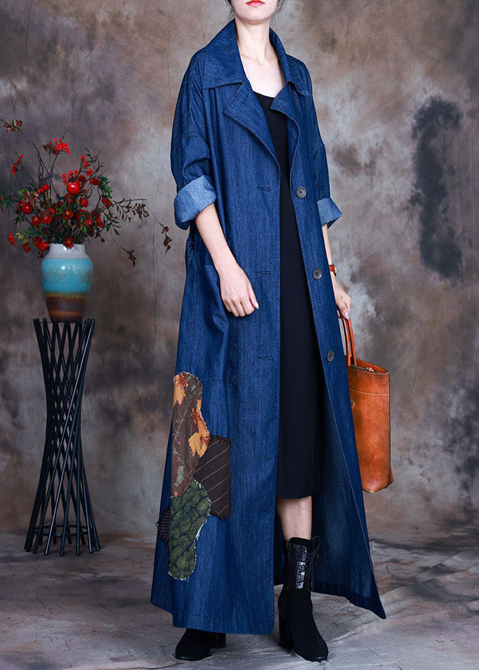 Blue button tie waist Peter Pan Collar Cotton denim trench coats