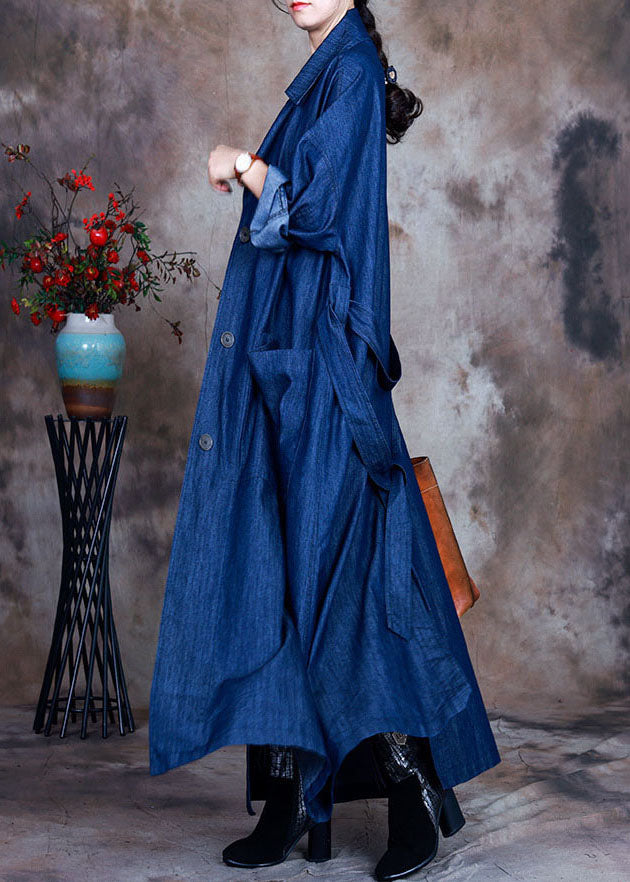 Blue button tie waist Peter Pan Collar Cotton denim trench coats