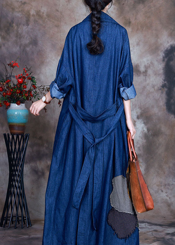 Blue button tie waist Peter Pan Collar Cotton denim trench coats