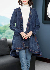 Blaue Trenchcoats aus Baumwolldenim mit niedrigem und hohem Design und V-Ausschnitt