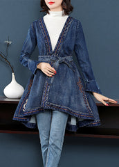 Blaue Trenchcoats aus Baumwolldenim mit niedrigem und hohem Design und V-Ausschnitt