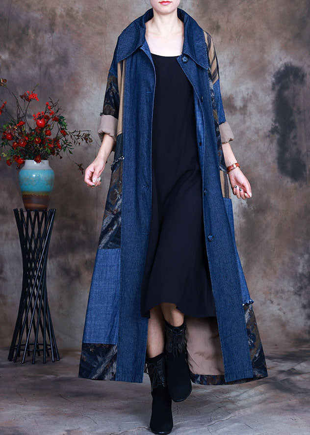 Blue tie waist Peter Pan Collar Patchwork Cotton denim Trench