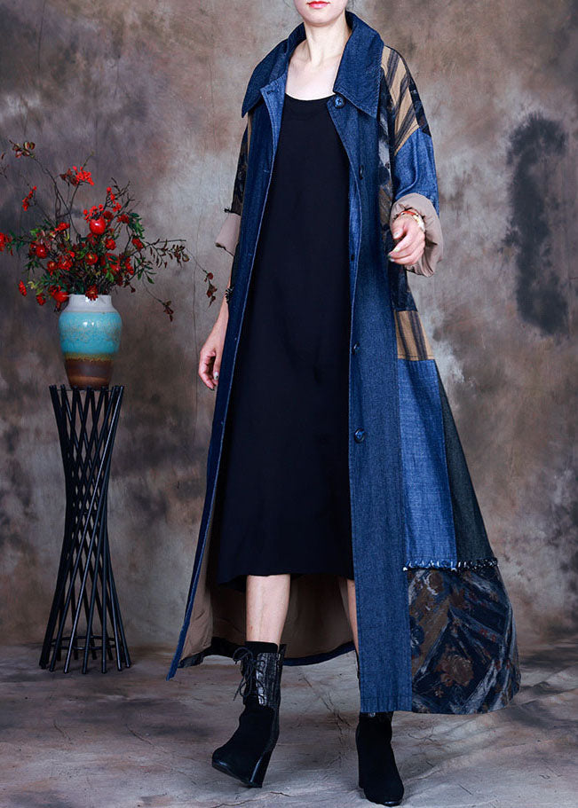 Blue tie waist Peter Pan Collar Patchwork Cotton denim Trench