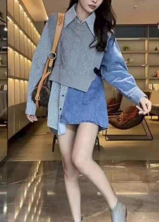 Colorblock Denim Patchwork Knit Striped Cotton Shirts