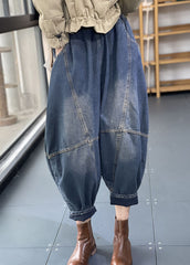 Denim Blue Elastic Waist Oversized Patchwork Cotton Harem Pants Fall