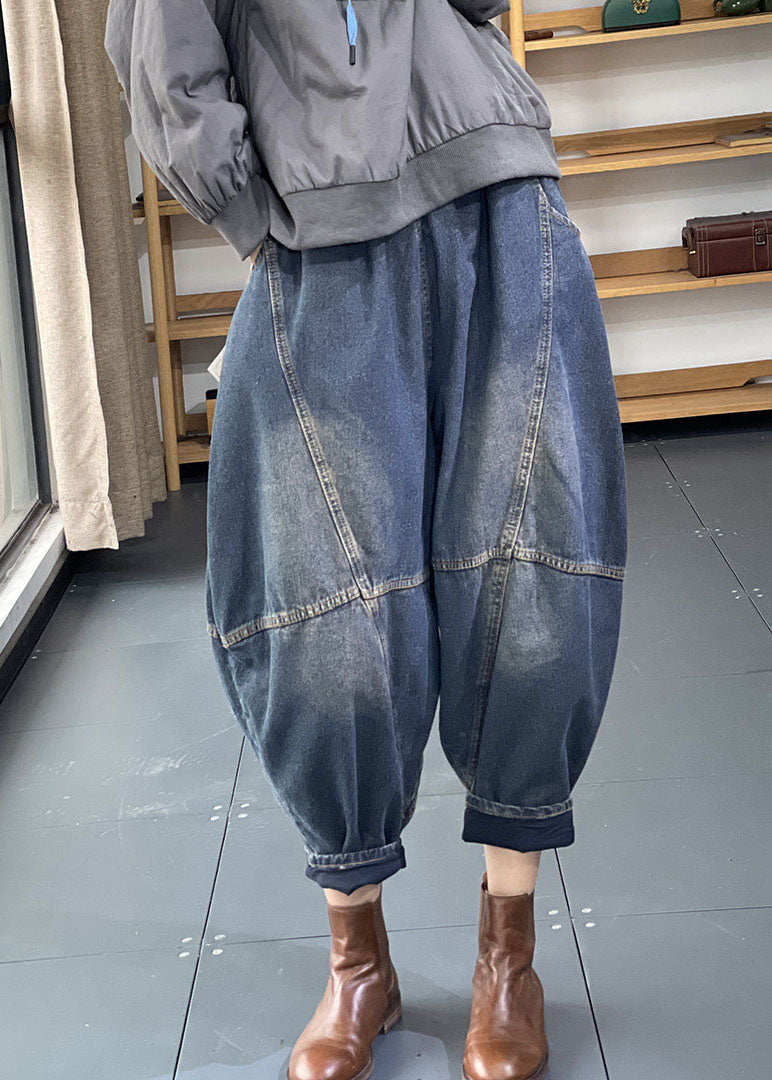 Denim Blue Elastic Waist Oversized Patchwork Cotton Harem Pants Fall