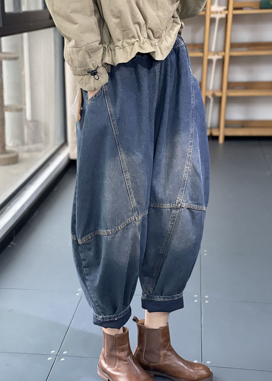 Denim Blue Elastic Waist Oversized Patchwork Cotton Harem Pants Fall