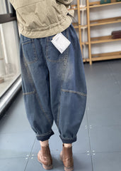 Denim Blue Elastic Waist Oversized Patchwork Cotton Harem Pants Fall