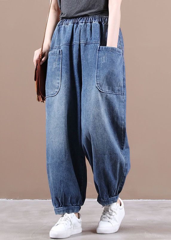 Denim Blue Elastic Waist Pockets Patchwork Cotton Harem Pants Fall