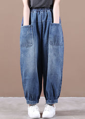 Denim Blue Elastic Waist Pockets Patchwork Cotton Harem Pants Fall