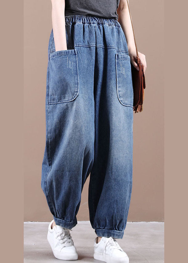 Denim Blue Elastic Waist Pockets Patchwork Cotton Harem Pants Fall