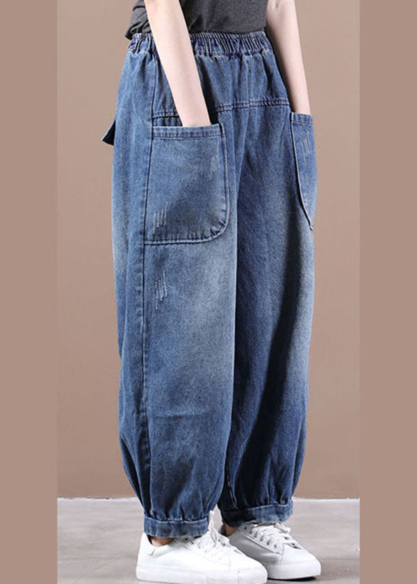 Denim Blue Elastic Waist Pockets Patchwork Cotton Harem Pants Fall