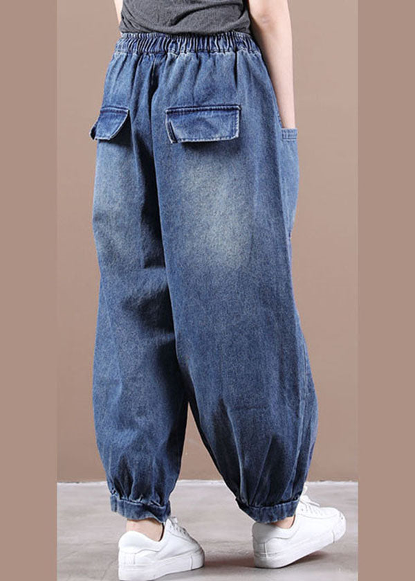 Denim Blue Elastic Waist Pockets Patchwork Cotton Harem Pants Fall