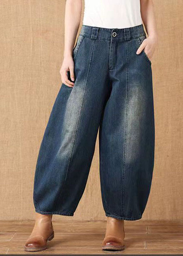 Denim Blue High Waist Pockets Patchwork Cotton Harem Pants