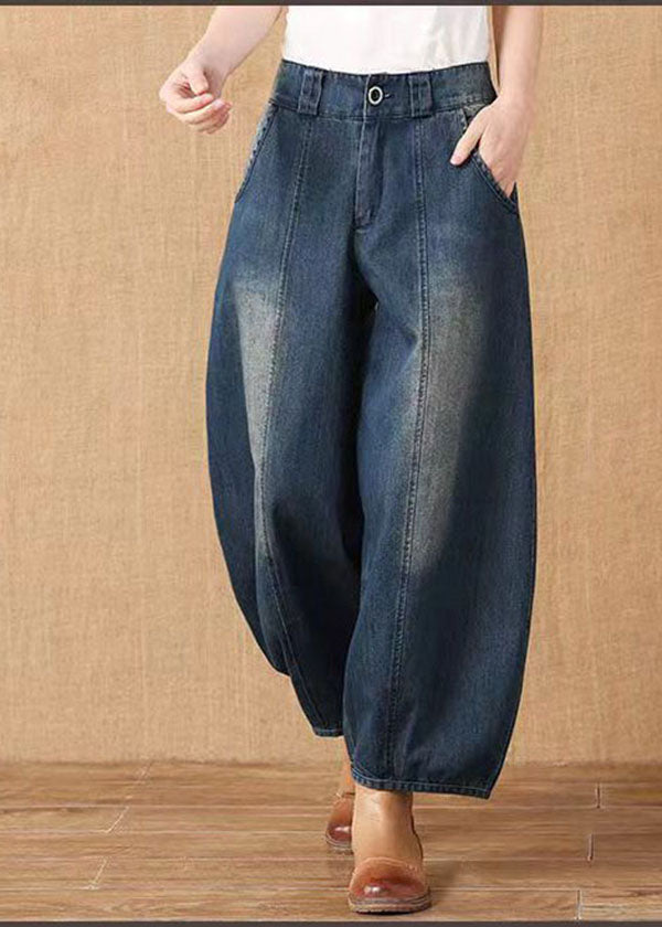 Pantalones harén de algodón con parches y bolsillos de cintura alta de color azul denim